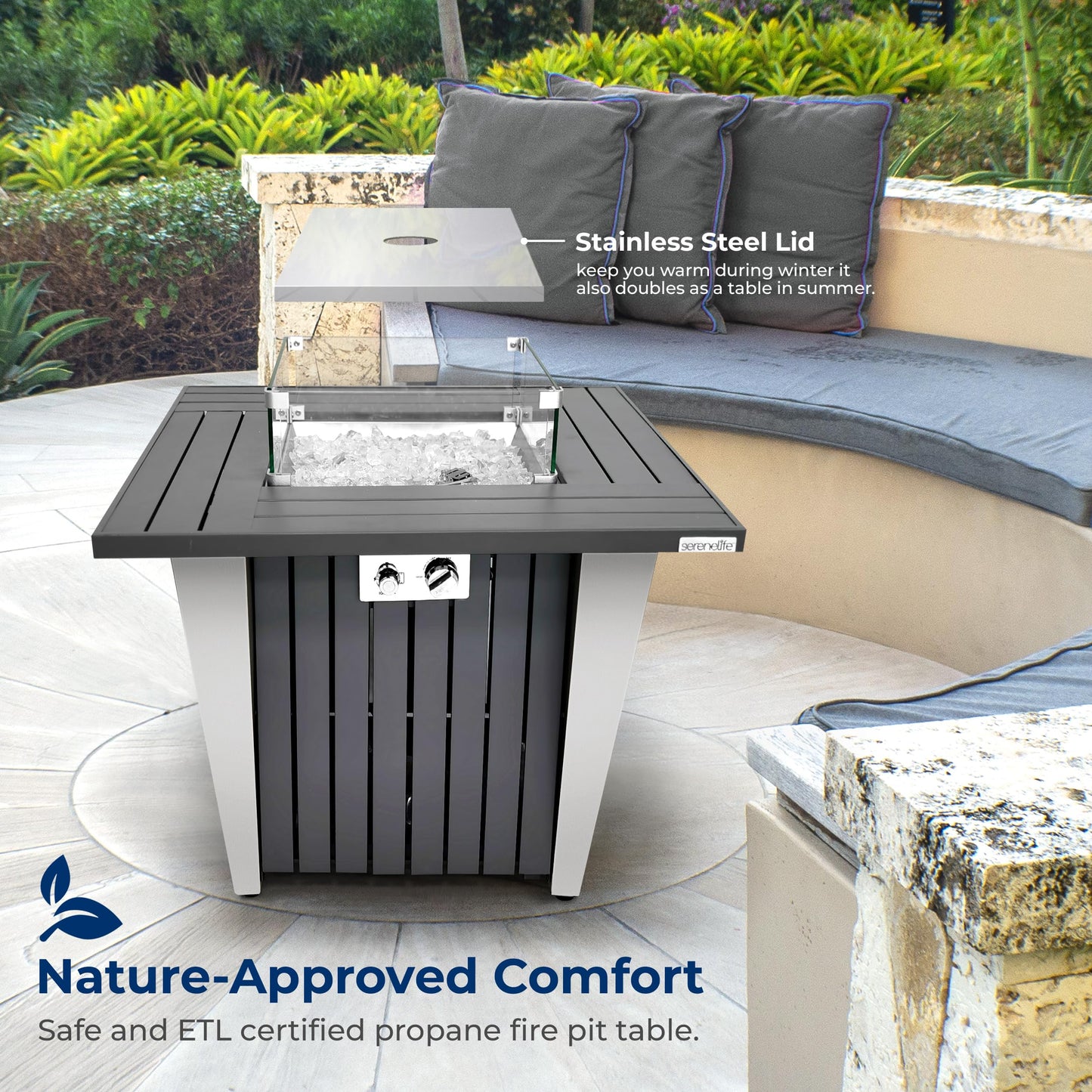 SereneLife Outdoor Propane Fire Pit Table, 50,000 BTU Square Fire Table with Stainless Steel Lid, Durable Legs, Adjustable Flame, Weather Cover, Perfect for Patio & Garden, 31.5” x 31.5” x 24.8”