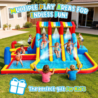 14.3FT Oxford Inflatable Water Slide Family Version Water Park Built in Reservoir Slide Sprinkler Rock Climbing Summer Carnival Pool Party Easy Setup & Storage（Include Blower）