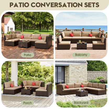 LHBcraft 7 Piece Patio Outdoor Furniture Set, Outdoor Sectional, All-Weather Manual Weaving PE Rattan Wicker Patio Sectional Sofa, Rattan Outside Furniture with Beige Cushion and Glass Table