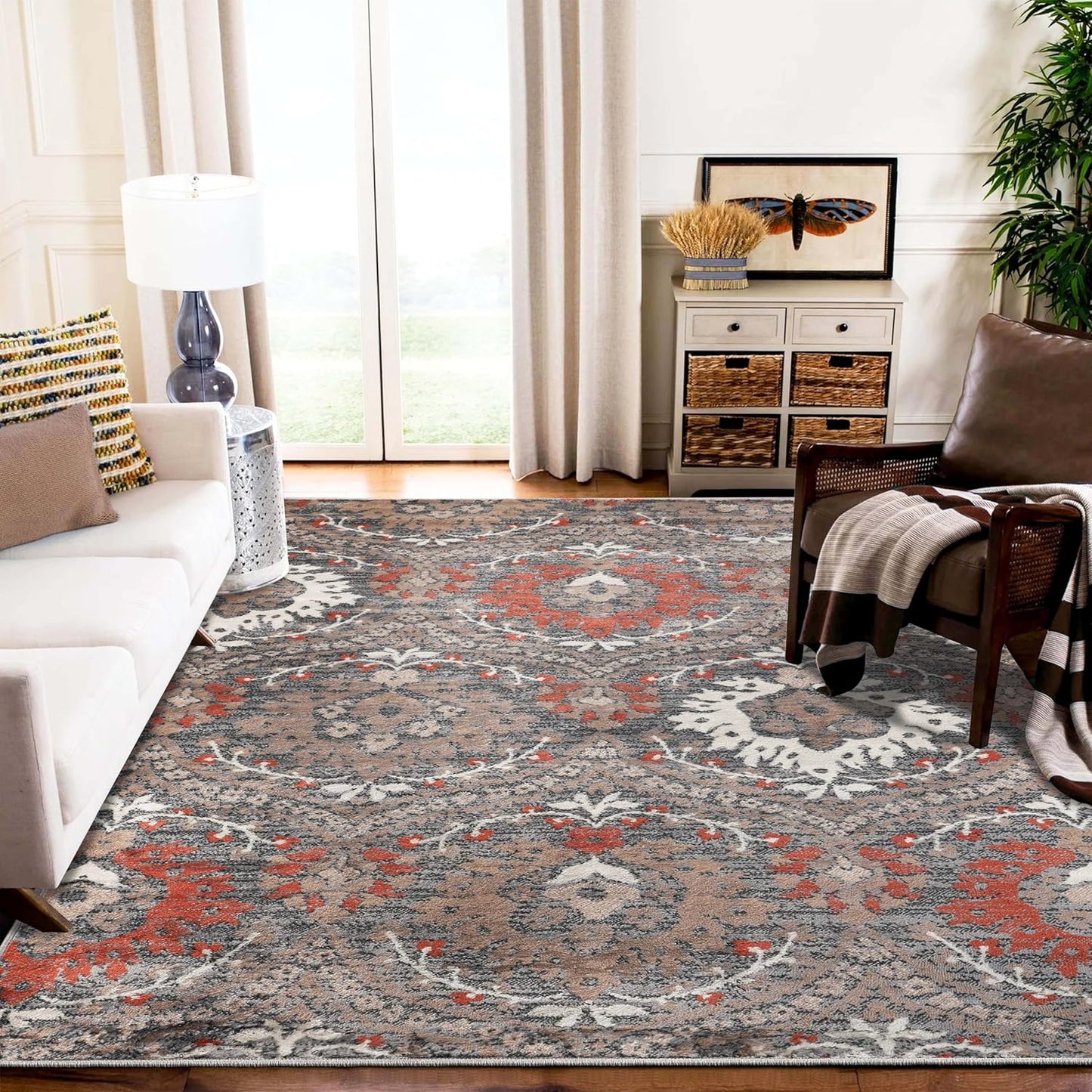 Superior Indoor Area Rug, Modern Oriental Floral Damask, 4' x 6', Jute Backed, Grey Brown for Living Room