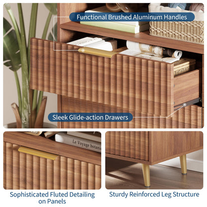 Garvee 53.9" Wide Luxury 6 Drawers Dresser with LED Lights & Charging Station, Curved Fluted Wood Chest of Drawers with Gold Handles, Modern Storage Cabinet for Bedroom Living Room, Walnut