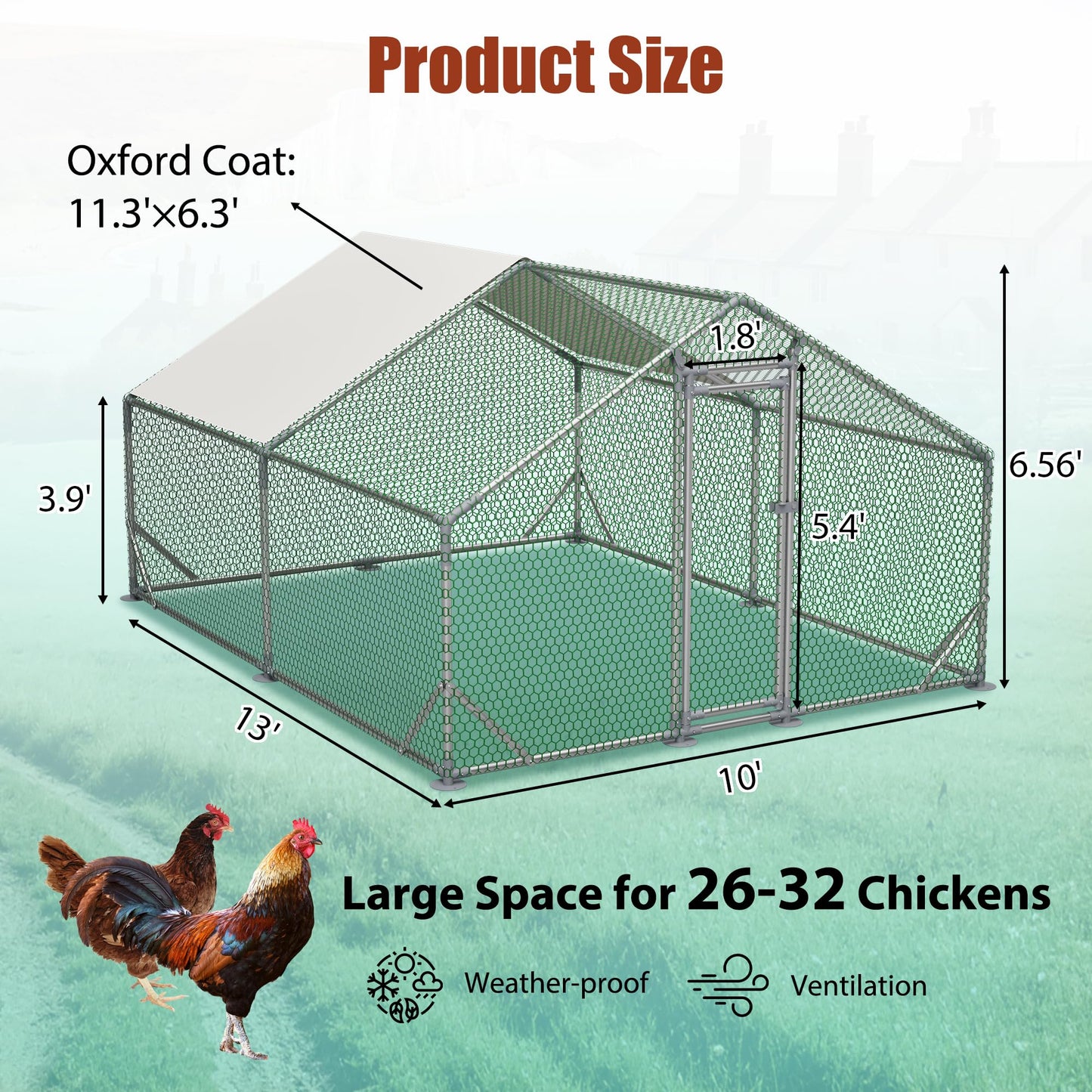 YOPTO Metal Chicken Coop,10x13x6.56ft Large Walk-in Chicken Runs W/Waterproof & Anti-Ultraviolet Cover,Spire Roof Hen House Enclosure W/Security Lock,Outdoor Poultry Pen for Backyard,Farm,Yard