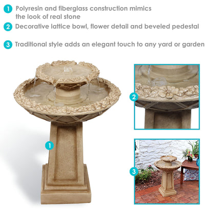 Sunnydaze Beveled Flower 28-Inch 2-Tier Outdoor Water Fountain - Backyard Water Feature & Bird Bath for Patio, Yard or Deck