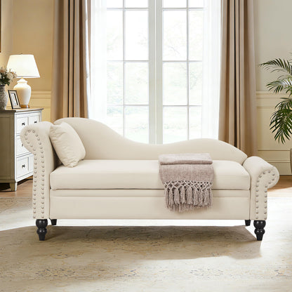 ERYE Velvet Upholstered Right Facing Chaise Lounge Chair, Beige Chaise Lounge Storage W/Nailhead Trim, Wood Legs, Classic Recliner Lounger Accent Sofa for Living Room Bedroom