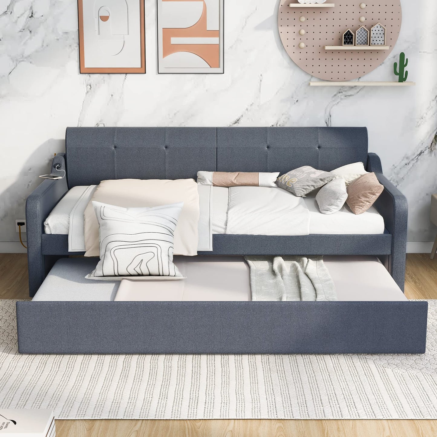 GDFStudio Twin Size Upholstered Daybed with Trundle and USB Charging Port, Pop-Up Trundle Flat or Elevated, Woven Fabric Day Bed Frame with Backrest and Armrests, Gray