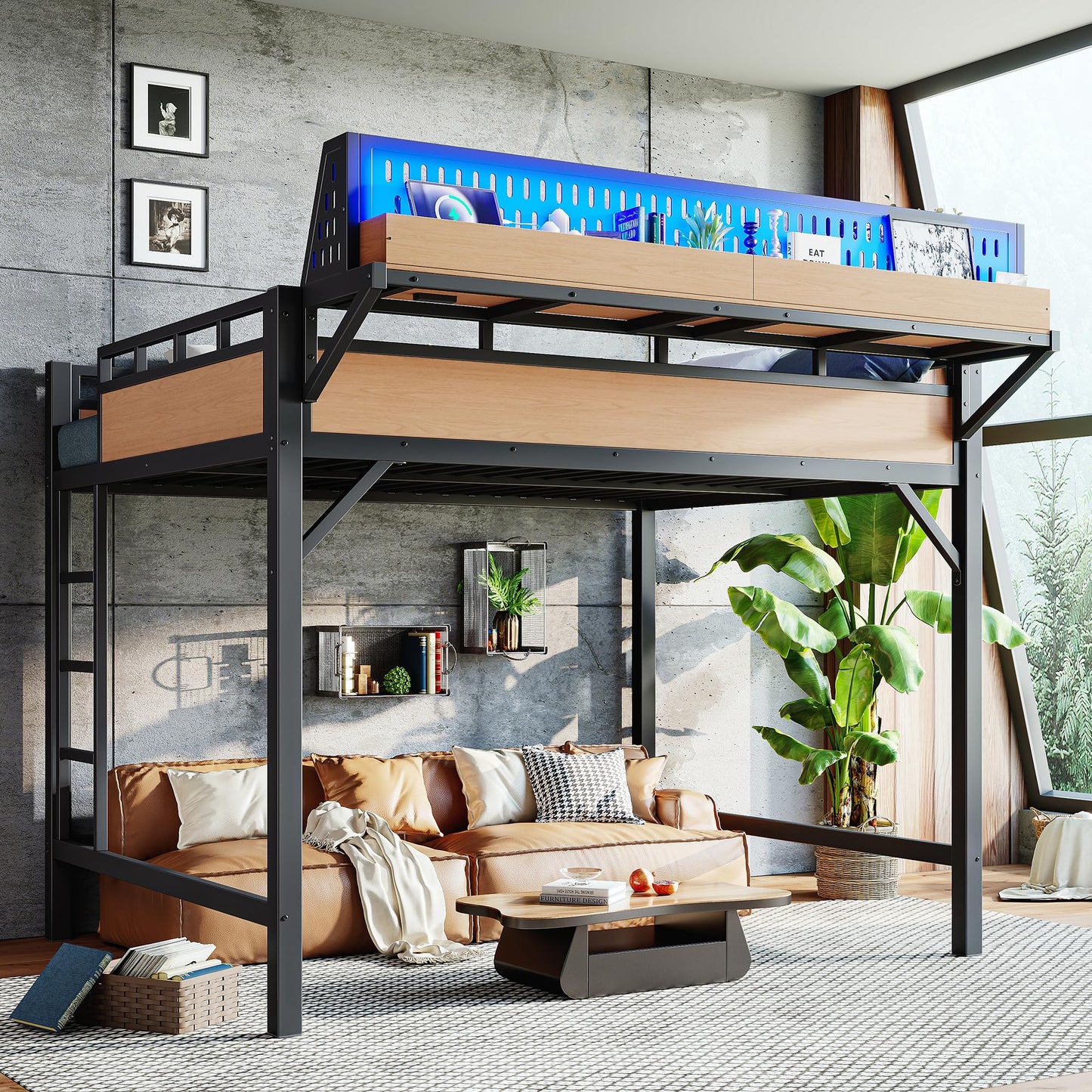 KEIKI Queen Size Loft Bed Frame with Storage Shelves & Pegboard, Modern Metal Loft Bed with USB Ports and LED Lights for Adults Studio Apartments Home Offices & Multifunction Bedrooms