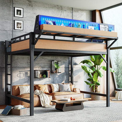 KEIKI Queen Size Loft Bed Frame with Storage Shelves & Pegboard, Modern Metal Loft Bed with USB Ports and LED Lights for Adults Studio Apartments Home Offices & Multifunction Bedrooms