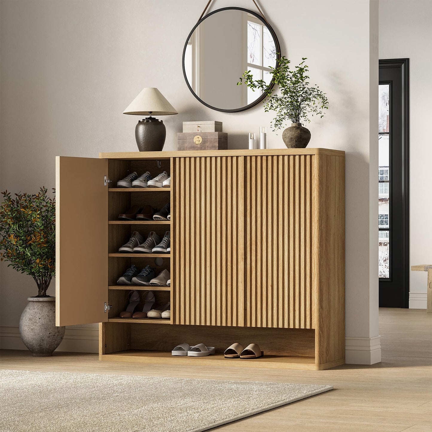 Garvee 46 Inch Shoe Cabinet, Large Shoe Storage Cabinet with Adjustable Shelves, Wooden Shoe Organizer with Fluted Door Holds 30-35 Pairs for Entryway & Living Room, Natural Wood