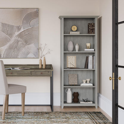 SIMPLIHOME Amherst Bookcase - 70 inch Tall 5-Shelf Solid Wood Bookshelf in Fog Grey, Transitional Storage for Living Room, Study Room or Office with Adjustable Shelves and Tapered Legs