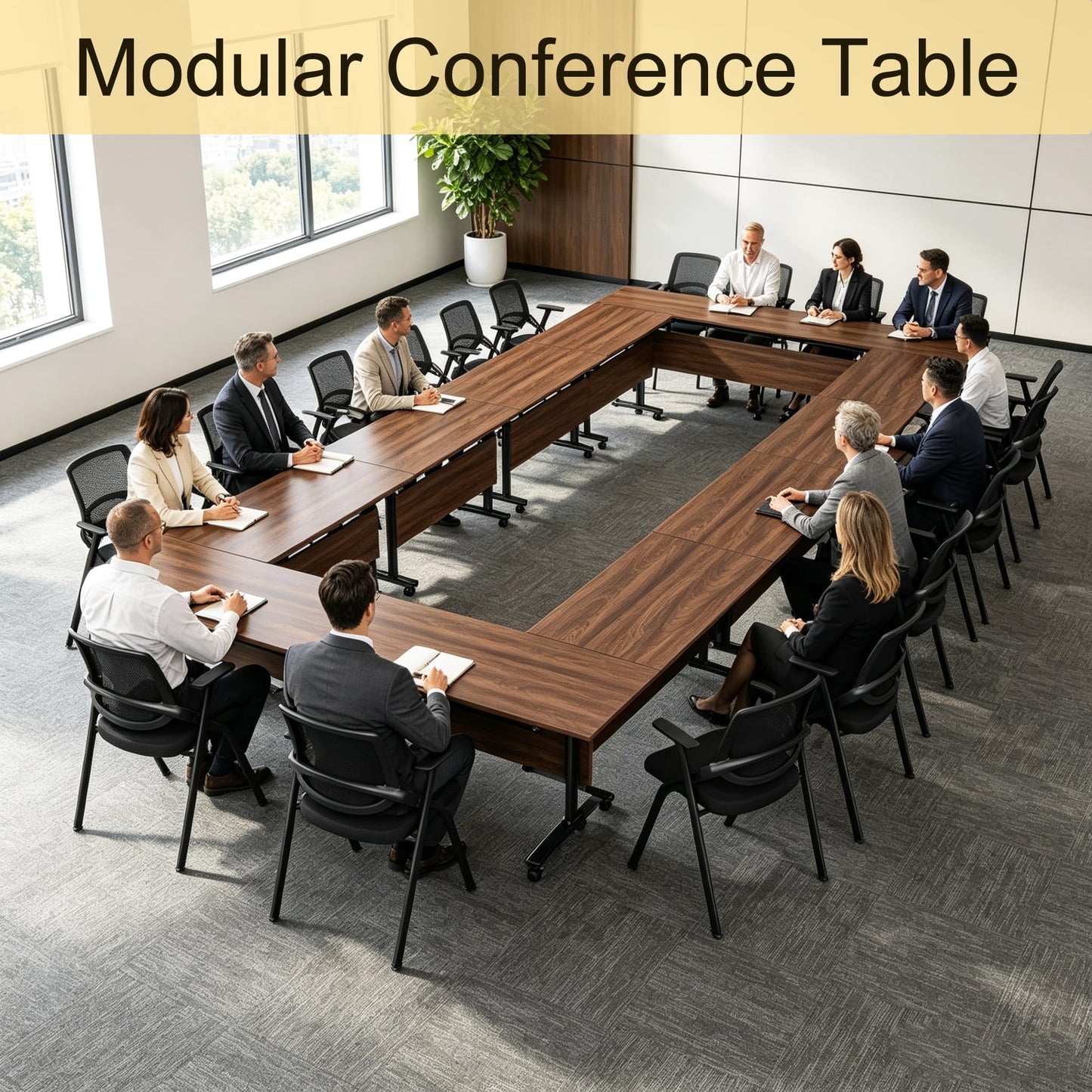 Modular Folding Conference Room Table with Wheels - 6 Pack Flip Top Mobile Training Table,Modern Meeting Tables 2-30 Person,Walnut,70.9"x21.6"x29.5"