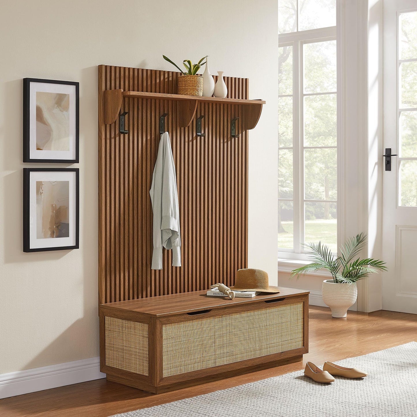 Modway Soma 3-in-1 Hall Tree in Walnut with Rattan Storage Bench and Fluted Coat Rack – 2-Piece Entryway Storage Set with Hooks, Shelf, and Bench