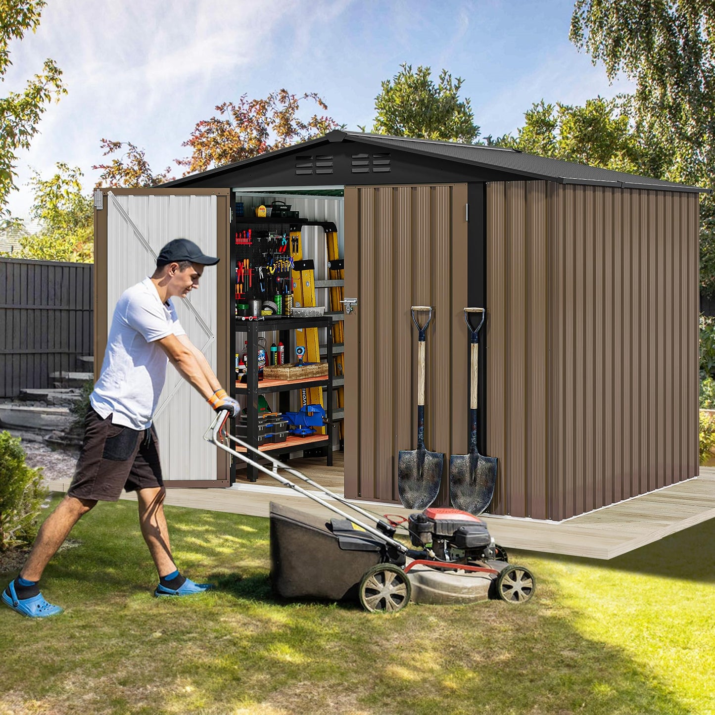 DWVO 7x5ft Metal Outdoor Storage Shed, Waterproof Tool Shed Heavy-Duty Storage Unit with Lockable Door and Vents, Ideal for Bicycles, Tools, Lawnmowers, Backyards, Patios, Lawns - Brown