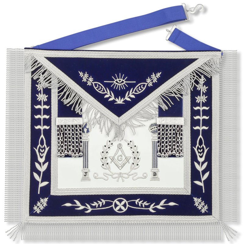 Masonic Master Mason Lambskin Apron - Navy Blue Velvet Borders with Gold Bullion Thread Fringe - Embroidered J & B Pillars and Square & Compass Logo