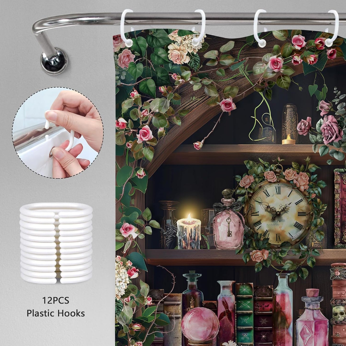 60Wx72H 12 Pack Gothic Skull Shower Curtain Witchy Spooky Pink Rose Vintage Retro Wizard Magic Bookshelf Succulent