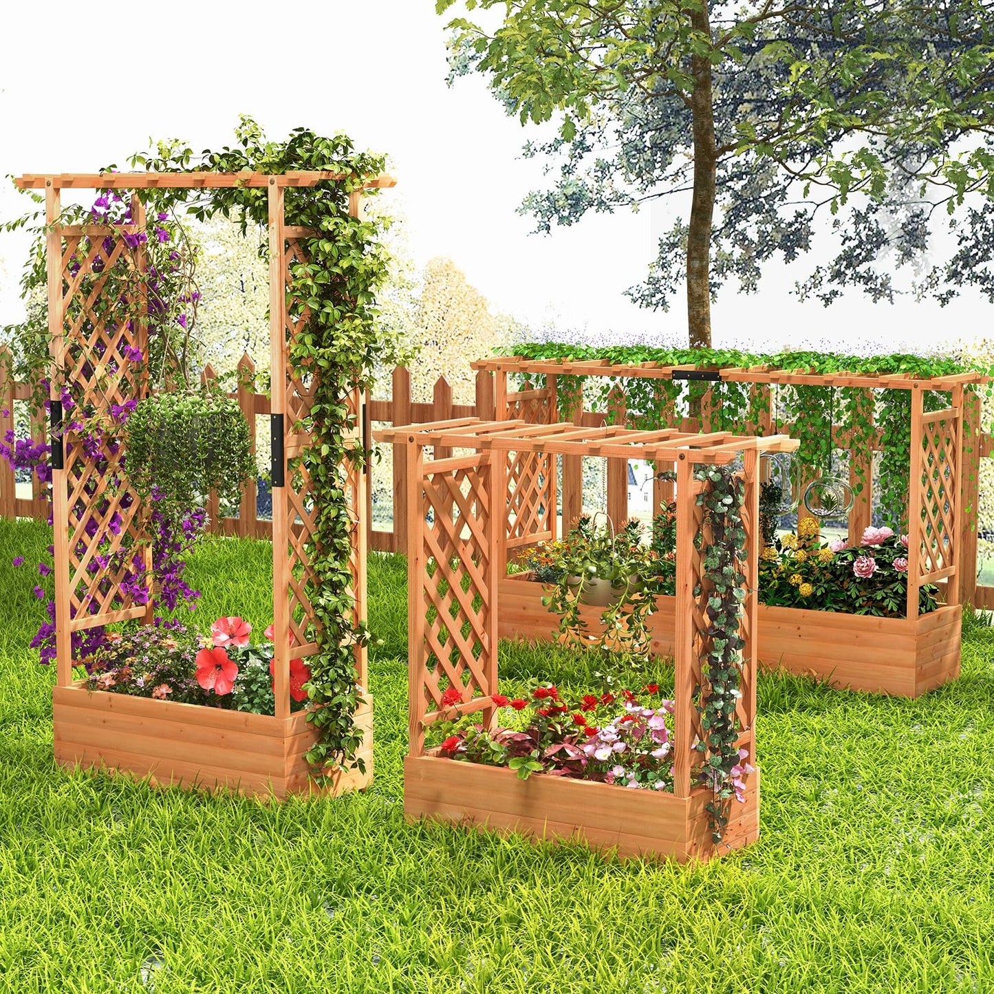 S AFSTAR 45-Inch Raised Garden Bed with Arch Trellis, Hanging Roof, Planter Box, Drainage Holes, Vertical Plant Container for Vine Climbing Plant Flower, Flower Bed Wood Planter for Indoor & Outdoor