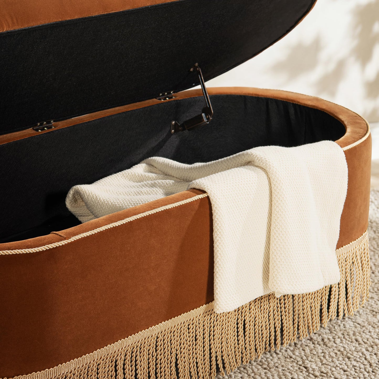 Jennifer Taylor Home 48.5" Oval Tufted Bullion Fringe Storage Bench, Burnt Orange Performance Velvet