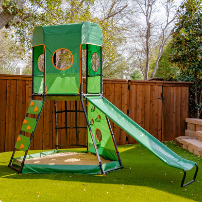 gobaplay SummitPro Climbing Tower with Slide, 600 lb Capacity, Green - Outdoor Backyard Playset with Climbing Walls and Sandbox for Kids 6+