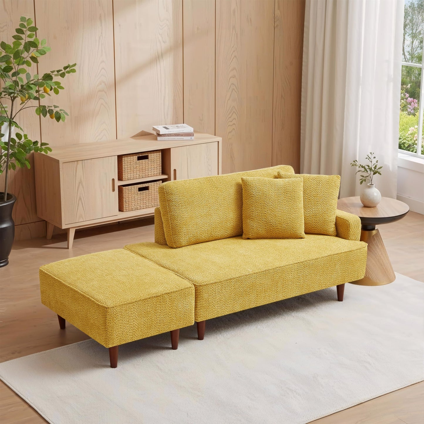 KEIKI 72" Upholstered Chaise Lounge Chair Indoor, Right-Hand Facing Long Chaise with Ottoman, Reading Lounge Chair for Small Space Bedroom or Living Room, Yellow