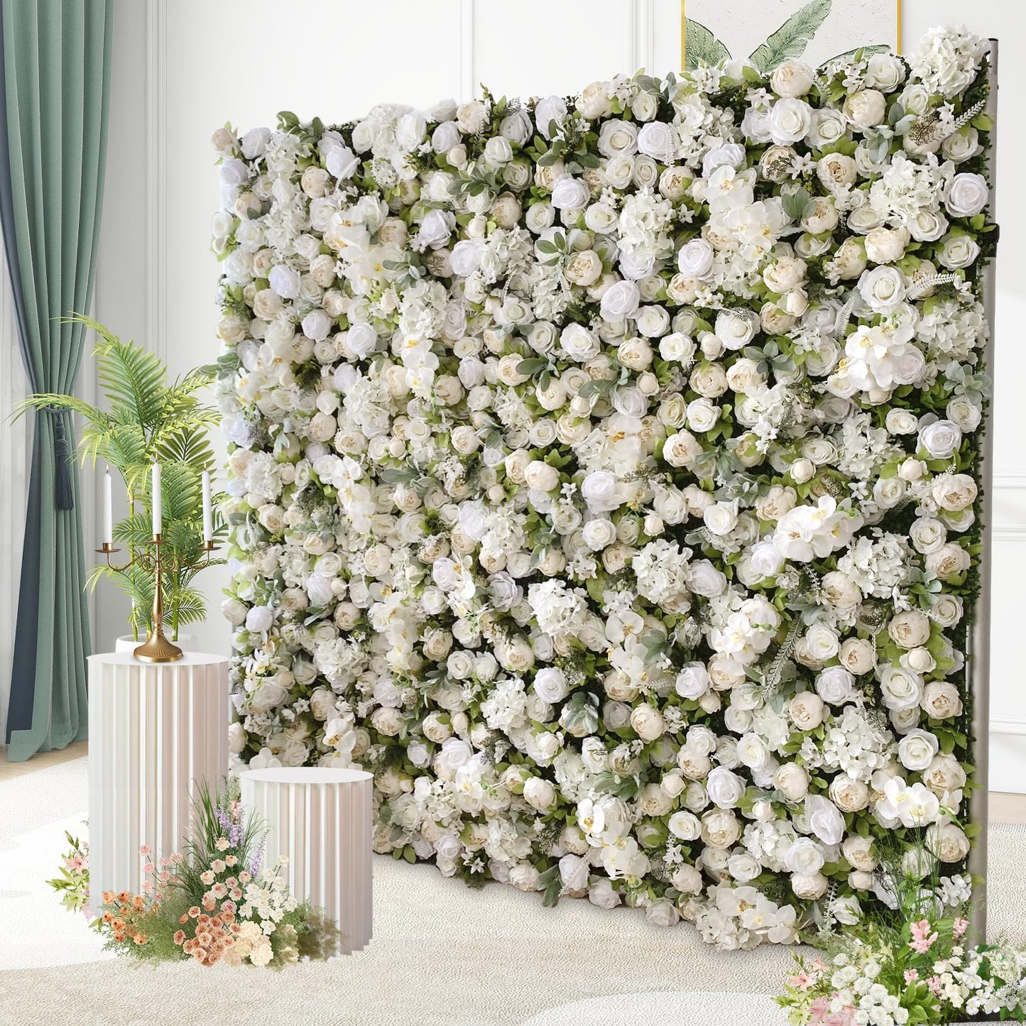 flora shining Artificial White Rose Flower Wall Panel, 94.5 x 94.5 inches, Wedding & Event Backdrop Decoration