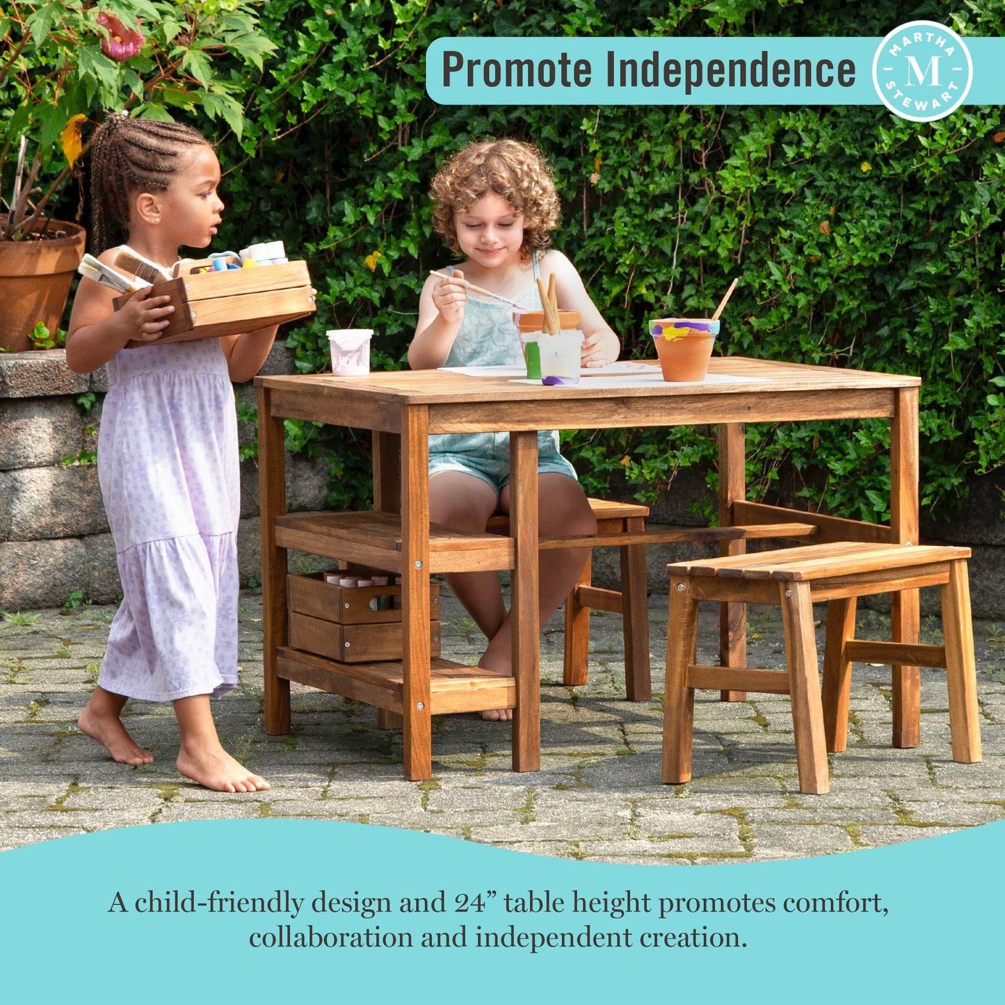 Martha Stewart Kids Outdoor Craft Table and 2 Bench Set: Acacia Wood Activity Desk w/Crate, Caddy, and Storage Shelves | Kids Play & Picnic Table w/Benches for Backyard, Patio, Outdoor Classrooms