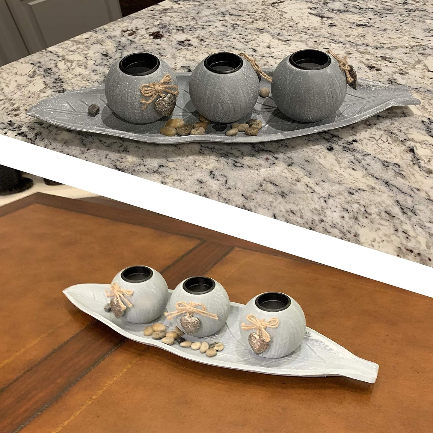 HD90403 3 Set allgala Wooden Candle Holder Tray Ball Orbs Tealight Centerpiece with Pebbles on Leaf Tray for Coffee