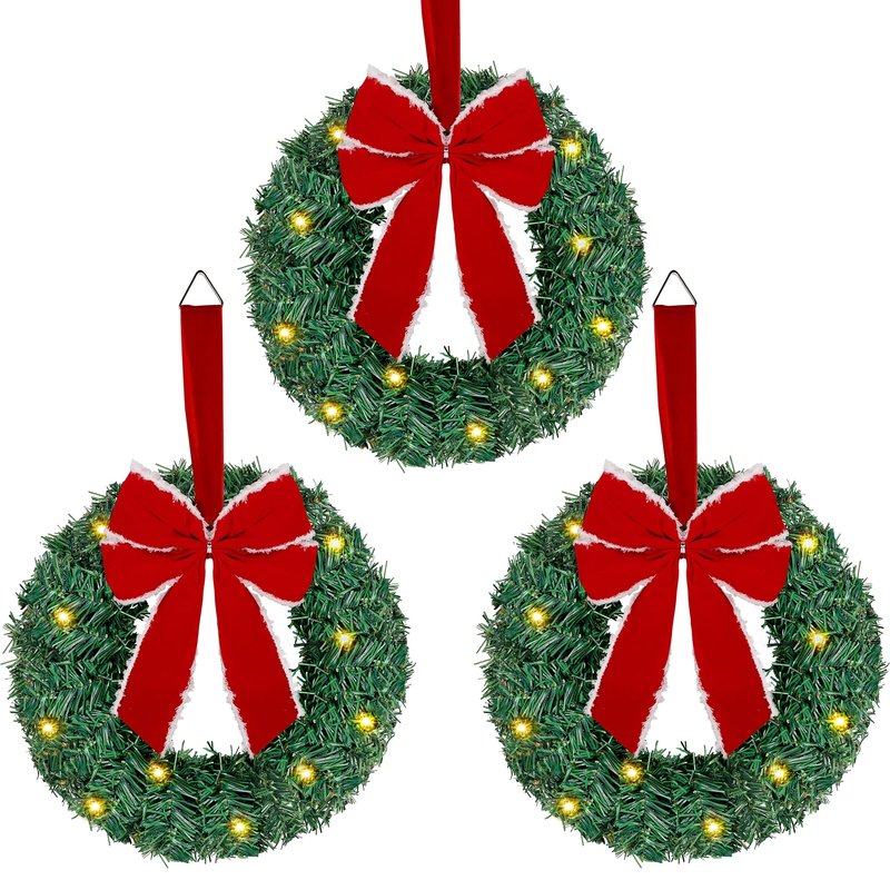 ATDAWN 3 Pack Mini Christmas Wreath, Lighted Christmas Front Door Wreath, Xmas Wreath for Holiday Christmas Party Decorations (Red Bow)
