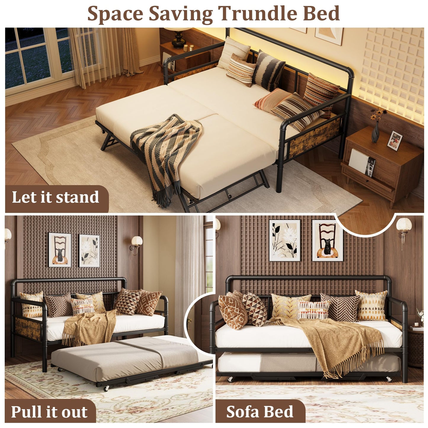 IDEALHOUSE Twin Daybed and Foldable Metal Trundle Bed, Metal Twin Bed Frame Heavy Duty Steel Slats Support,Sofa BedFrame for Living Room, Guest Room,Noise Free, Black