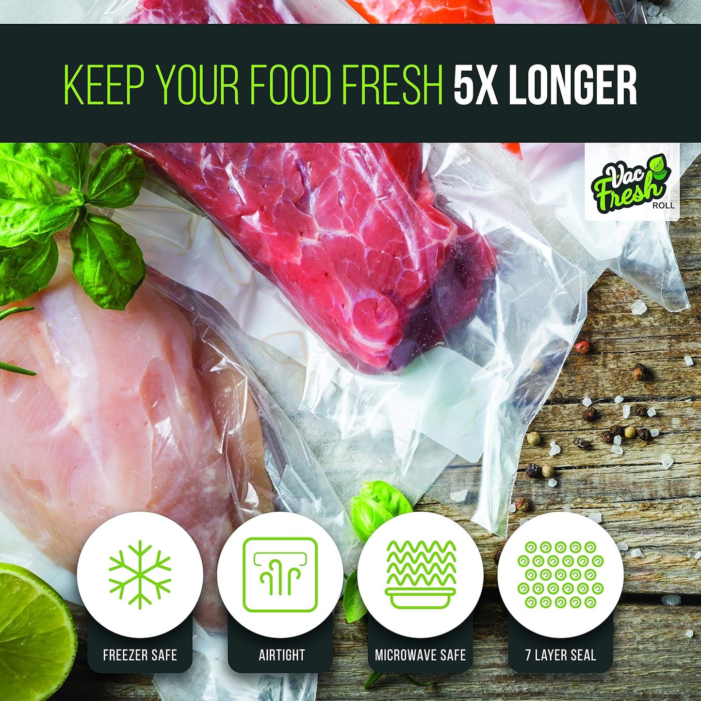 Vac Fresh Food Vacuum Sealer Rolls (8" x 50', 1 Roll), 3.5mil VF850 Embossed Food Storage Bags