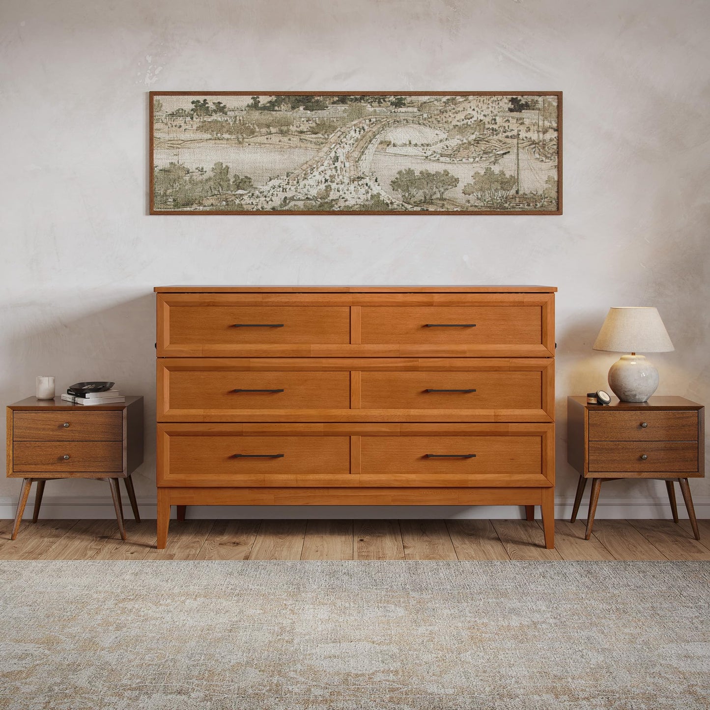 AFI, Santa Fe Queen Murphy Bed Chest with 6" Mattress & Built-in USB Charger, Light Toffee