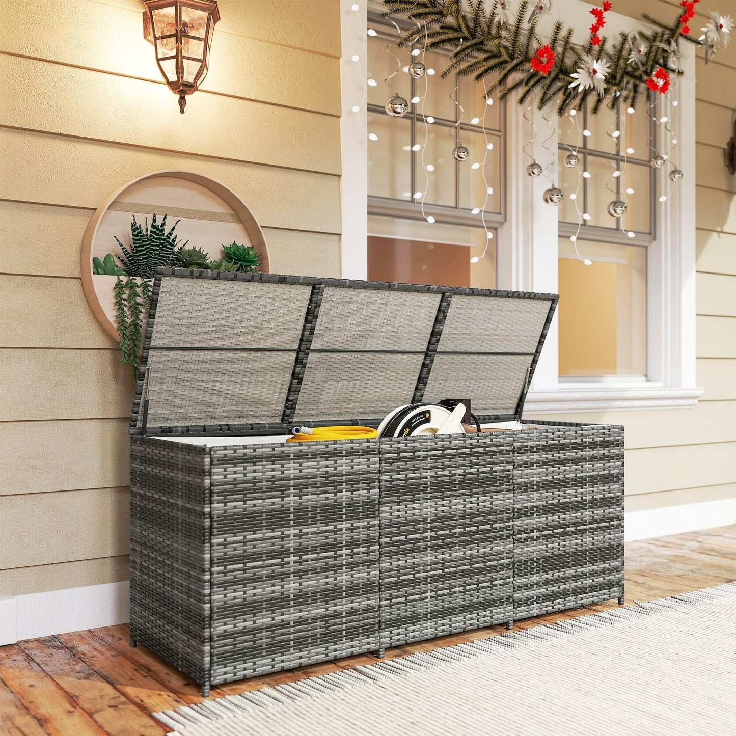 LMJITDS PE Resin Woven Outdoor Storage Chest with Waterproof Liner Enhanced Fade Protection UV Resistant Long-Lasting Durable Slate Gray