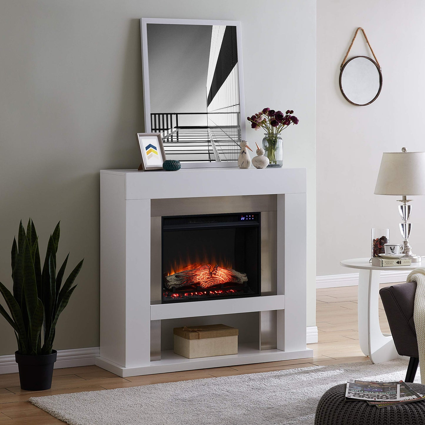 SEI Furniture - Lirrington Stainless Steel Touch Screen Electric Fireplace - Transitional Design, Grey Glass and Wood - Ideal for Living Room, Bedroom (FR1028059)