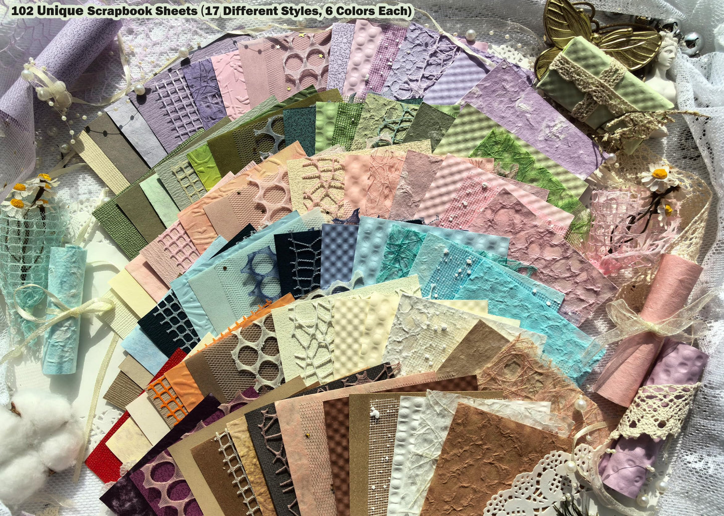 Flartmo 102 Sheets Textured Scrapbook Paper and Mesh Fabric Kit, 6 Pack Handmade Special Decorative Decoupage Paper for Scrapbooking Bullet Junk Journal Supplies Cards Crafts( 6 x 4 inches)