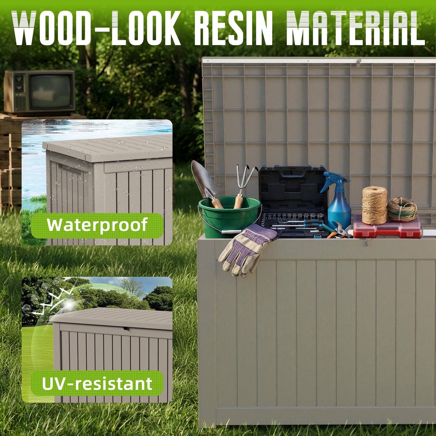 DRATO 280 Gallon Deck Boxes Outdoor Waterproof, Resin Large Lockable Storage Box with Lid, Outdoor Storage Bench Patio Cushions Furniture, Garden Tools, Pool Accessories (Grey, 280 Gallon)