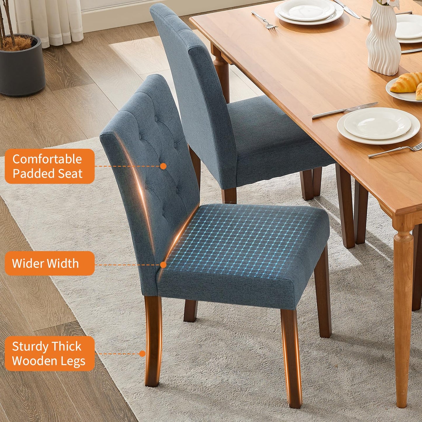 IDEALHOUSE Dining Chairs Set of 6, Linen Fabric Upholstered Parsons Chairs with Rubberwood Legs, Comfortable Padded Seat Kitchen, Dining Room Side Chairs, Living Room Blue