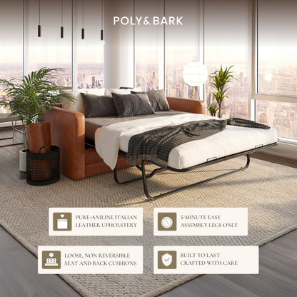 POLY & BARK Napa 82" Leather Pull‑Out Sleeper Sofa – Full‑Grain Italian Leather Upholstery,Tri‑Layer Mattress & Storage Console –Sophisticated Multi‑Functional Sofa Bed for Living Rooms & Guest Spaces