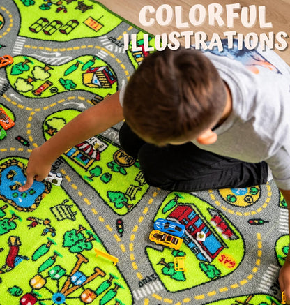 ToyVelt Kids Car Rug Playmat - Large 60” x 32” Educational City Play Mat for Kids Ages 3–12, Soft Polyester with