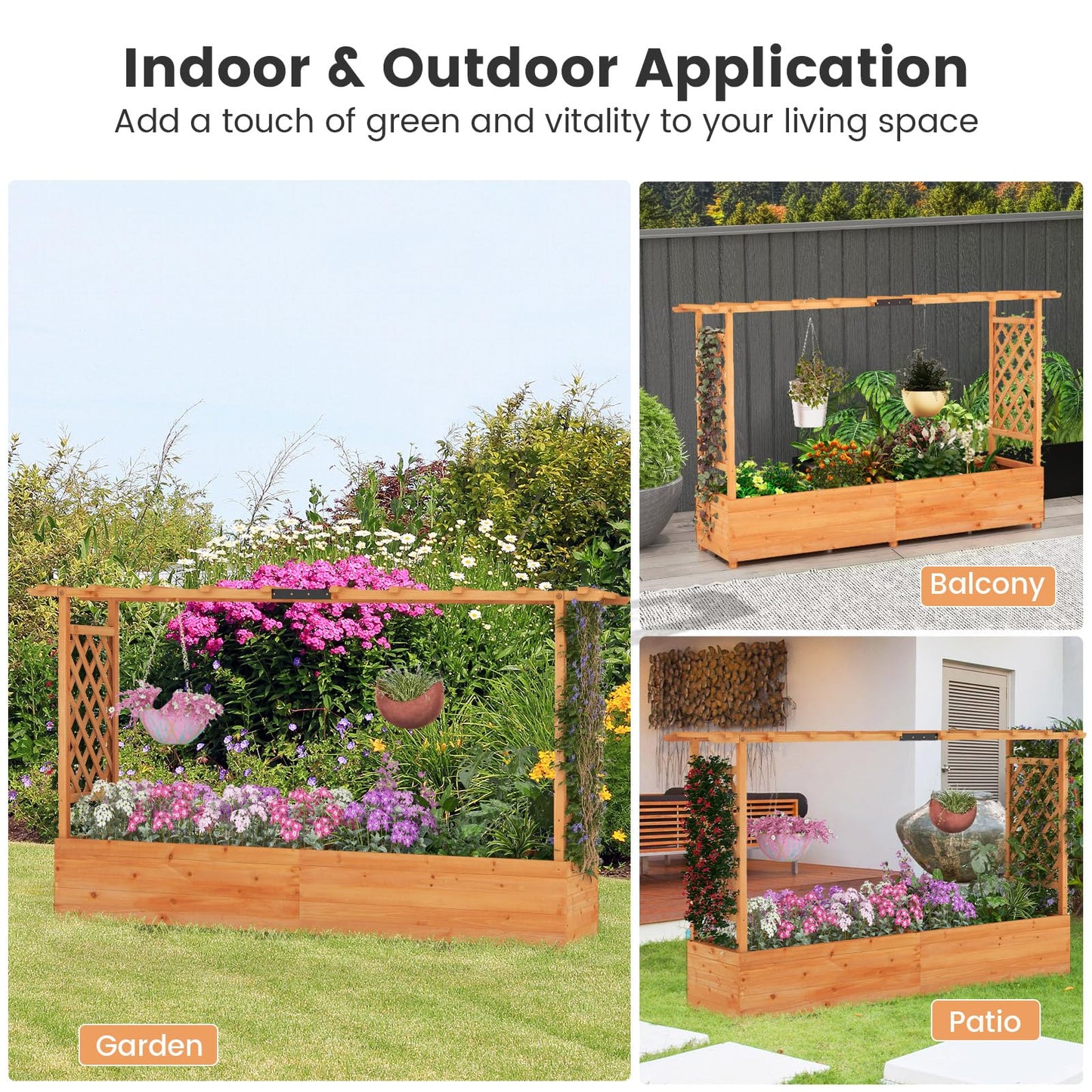 S AFSTAR 45-Inch Raised Garden Bed with Arch Trellis, Hanging Roof, Planter Box, Drainage Holes, Vertical Plant Container for Vine Climbing Plant Flower, Flower Bed Wood Planter for Indoor & Outdoor