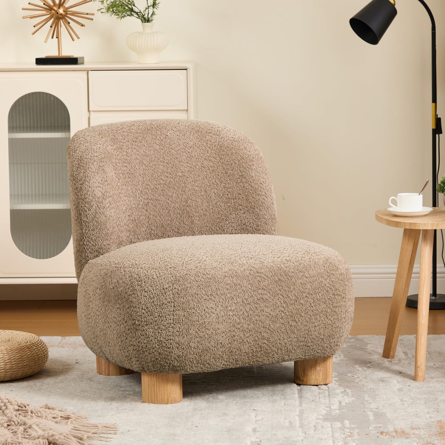 GDFStudio Modern Low Profile Accent Chair for Living Room, Boucle Upholstered Armless Chair with Rubberwood Legs, Comfy Lounge Armchair, Plush Cloud-Like Seating for Bedroom, Light Brown
