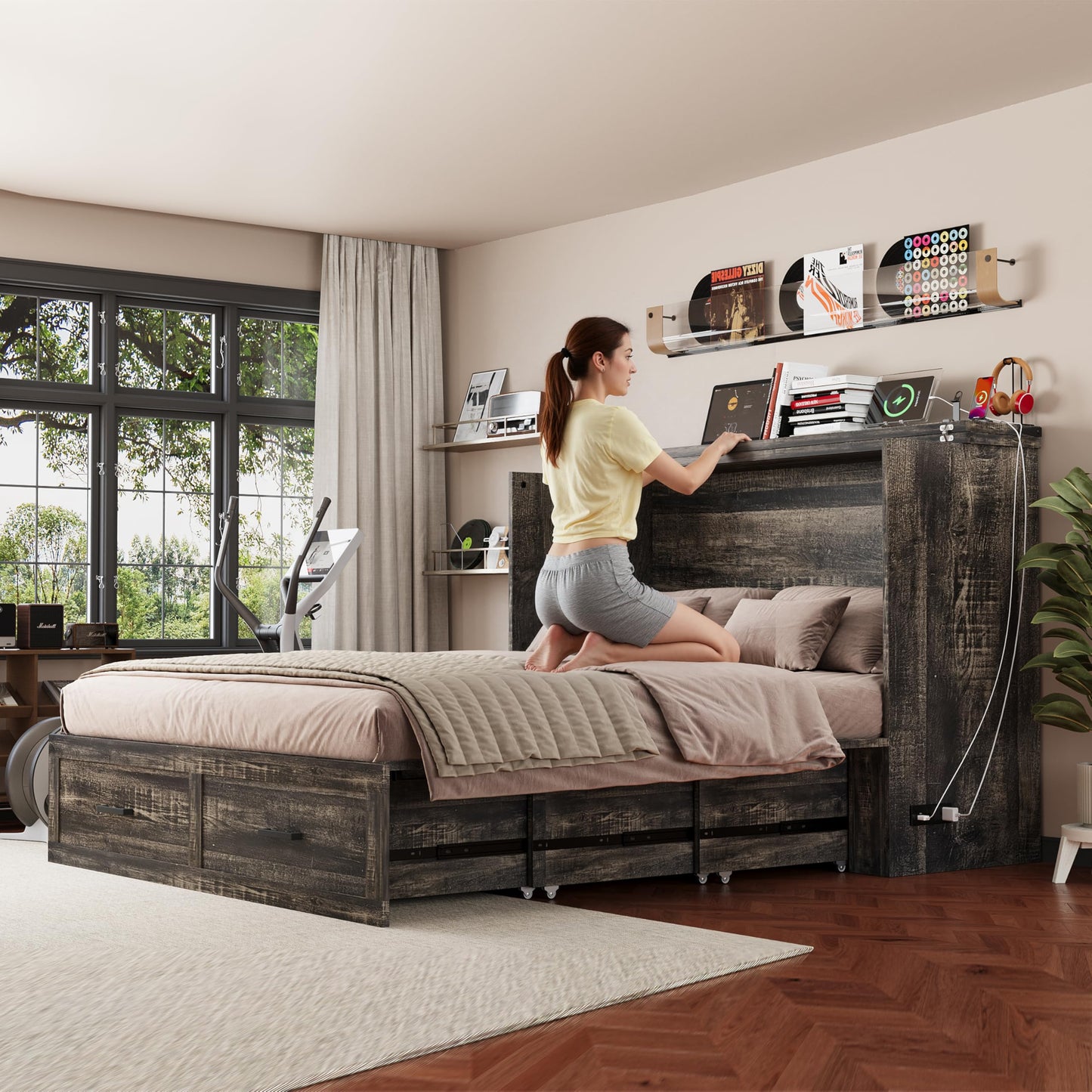Queen Murphy Bed with Charging Station,Farmhouse Murphy Beds w/Large Storage Drawer,Hideaway Foldable Platform Bed for Guest Bedroom, Living Room, Office,Small Room,Pull Out Bedframe,Grey