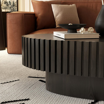 KEIKI 43.31'' Oval Coffee Table, Handcrafted Relief Sturdy Pedestal, Wooden Olive-Shaped Tea Table, Modern MDF & Solid Wood, Open Storage, Easy Assembly for Living Room, Black