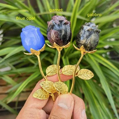Crystal Rose Gemstone Flower Jewelry Carved Home Decoration,Reiki Heal,Girlfriend Gift,Mom's Gift,Valentines Gift (Golden stem,2piece Sodalite)