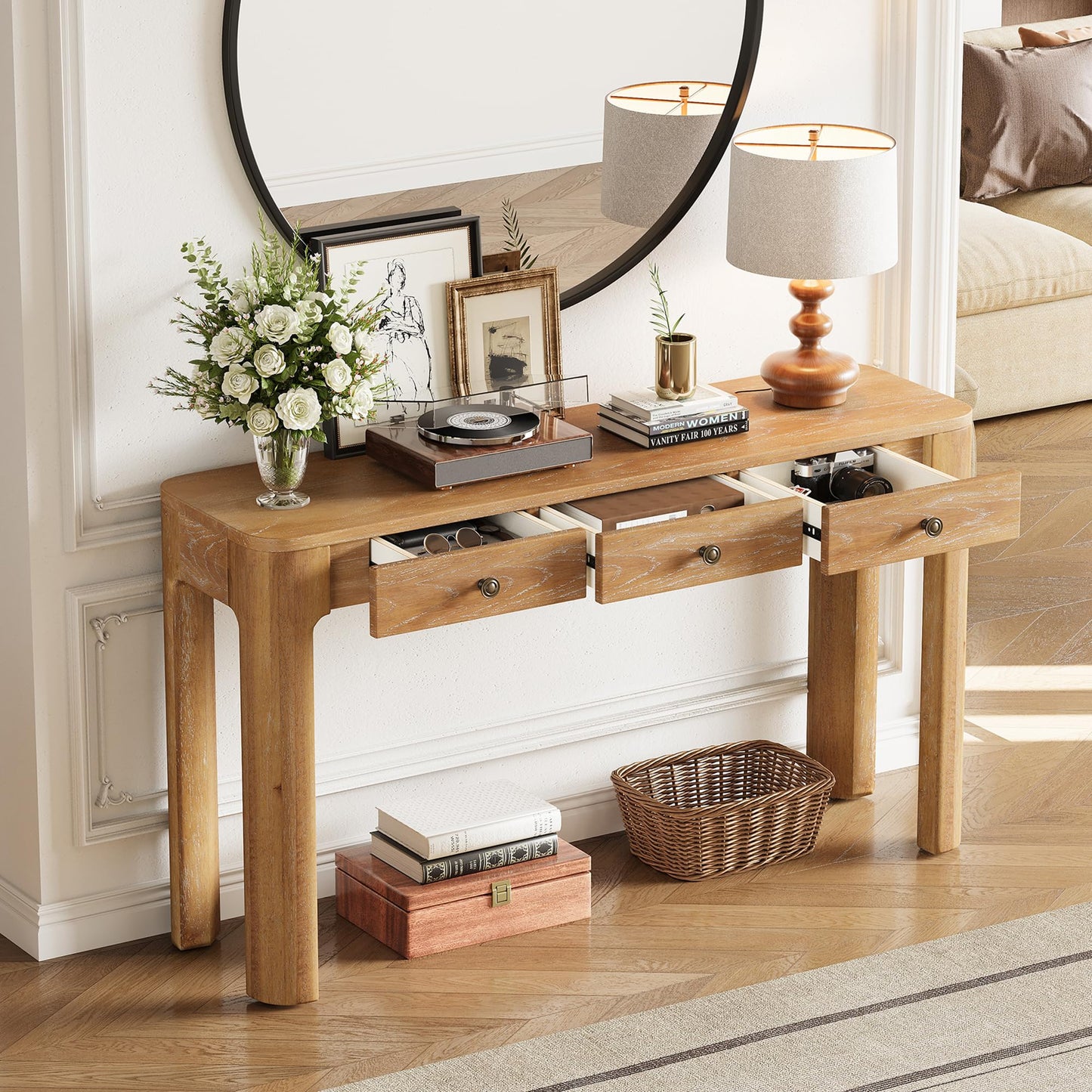 Merax 52" Console Table with 3 Drawers, Rustic Entryway Table with Curved Corners, Narrow Long Sofa Table for Living Room, Hallway, Entrance, Behind Couch, Foyer, Sturdy Thick Legs, Natural