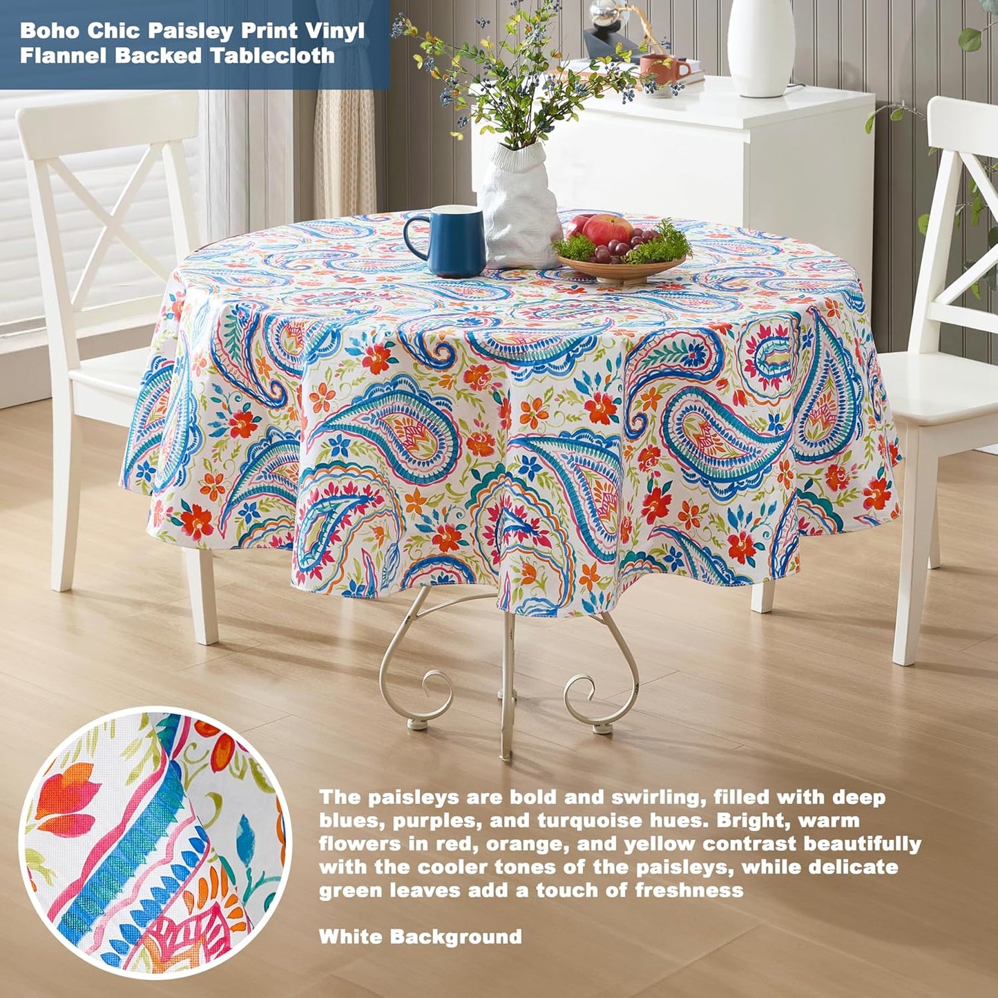 Newbridge Boho Chic Paisley Vinyl Tablecloth with Flannel Backing, 70 Inch Round, Blue Red Pink Floral Print