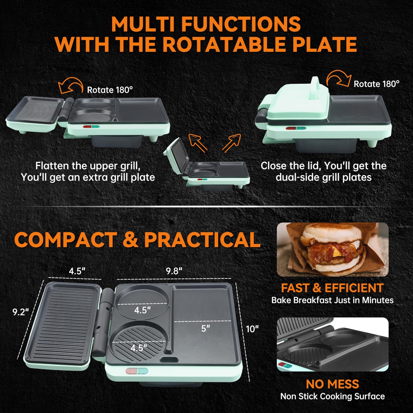Baker's Friend Breakfast Sandwich Maker, Nonstick Electric Griddle & Grill Combo, 3 in 1 Breakfast Station, Make Egg Muffin Sandwiches Burgers Hot dogs & Pancakes, Includes Burger Press, Tong & Brush
