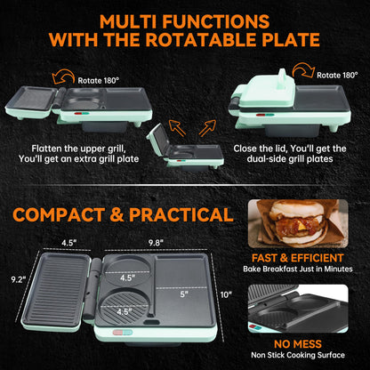 Baker's Friend Breakfast Sandwich Maker, Nonstick Electric Griddle & Grill Combo, 3 in 1 Breakfast Station, Make Egg Muffin Sandwiches Burgers Hot dogs & Pancakes, Includes Burger Press, Tong & Brush