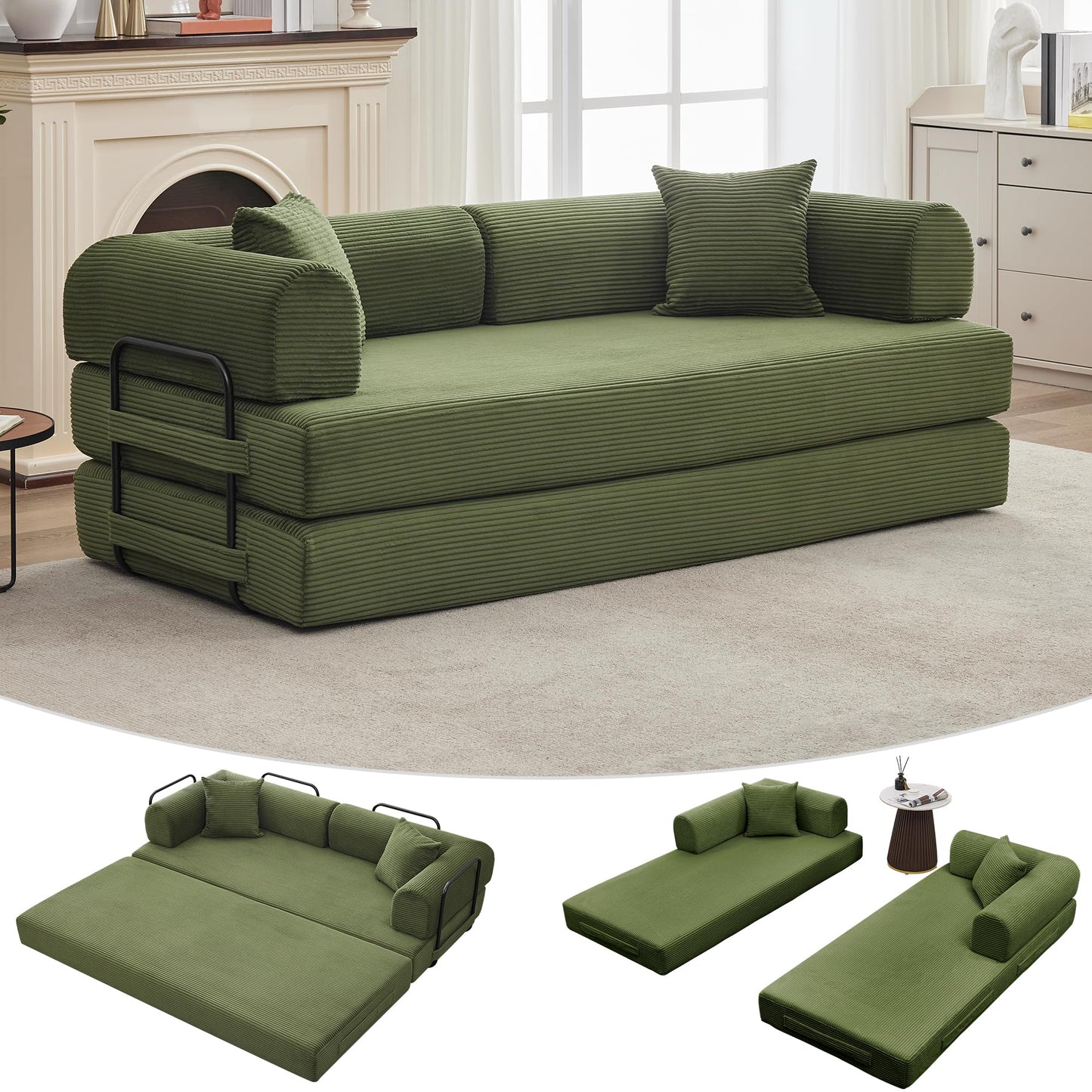 IDEALHOUSE 4 in 1 Convertible Sleeper Sofa Bed Couch, 79 Inch Boneless Corduroy Floor Couch with Pillows, No Assembly, Modern Deep Seat Sofa Futon Mattress for Living Room,Apartment,Green