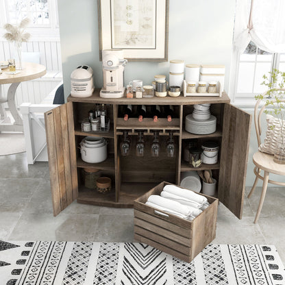 Homes: Inside + Out Lopez Farmhouse 2 Side Cabinets, 3 Shelves 48 in. Buffet with Removable Crate and Four Bottles Wine Rack, Sideboard for Kitchen, Dining Room, Reclaimed Oak Brown
