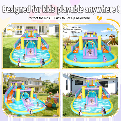 7-in-1 Inflatable Water Slide Bounce House with 3 Slides, Splash Pool, Climbing Wall, Water Gun & Basketball – for Kids Aged 3-10, 520W Blower, 168 x 150 x 78 Inches, Outdoor Backyard Fun
