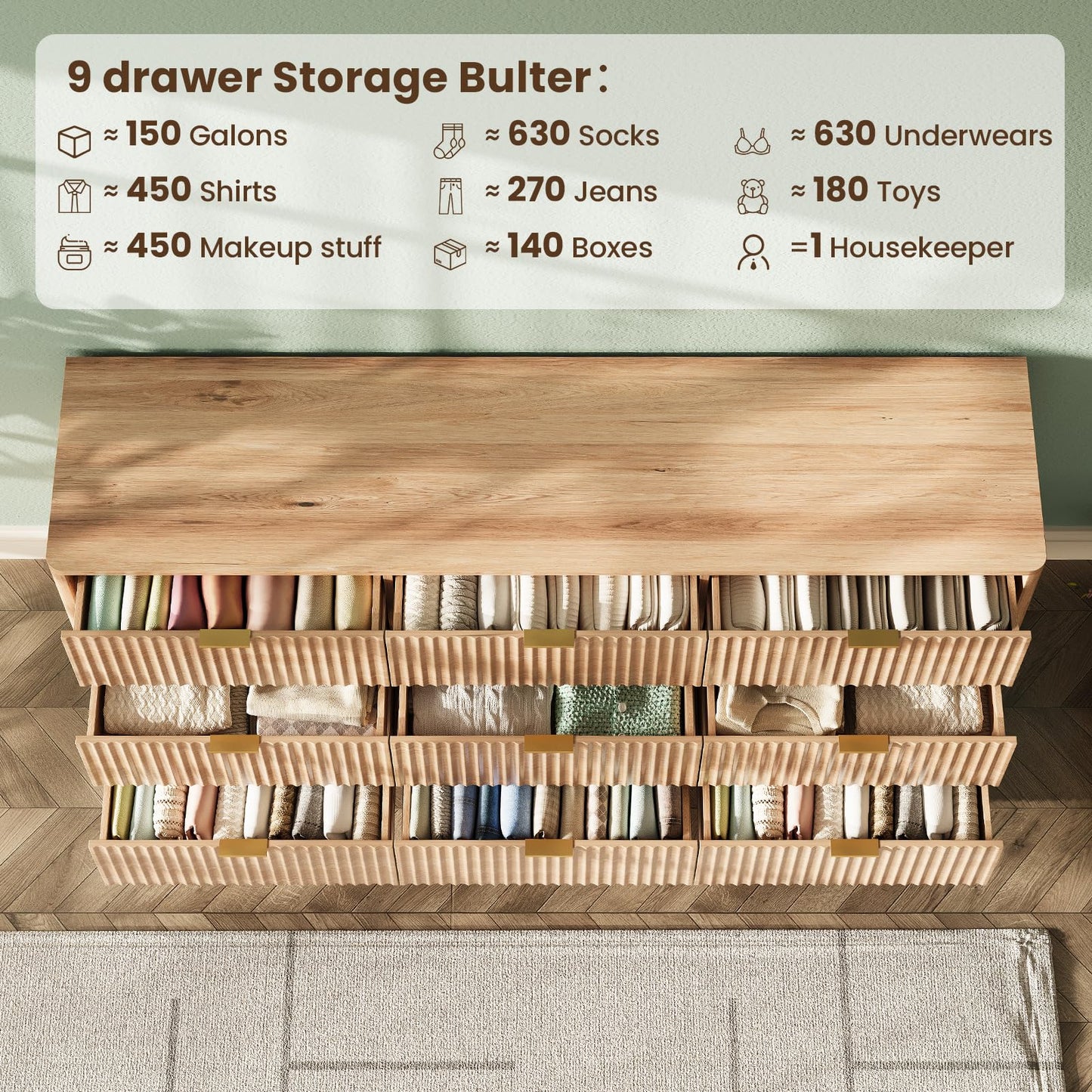 TROJM 63'' Wide 9 Drawers Dresser for Bedroom,Modern Fluted Vertical Chest with Rounded Corners,Fluted Dresser for Living Room,Hallway, Natural Wood