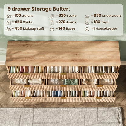 TROJM 63'' Wide 9 Drawers Dresser for Bedroom,Modern Fluted Vertical Chest with Rounded Corners,Fluted Dresser for Living Room,Hallway, Natural Wood
